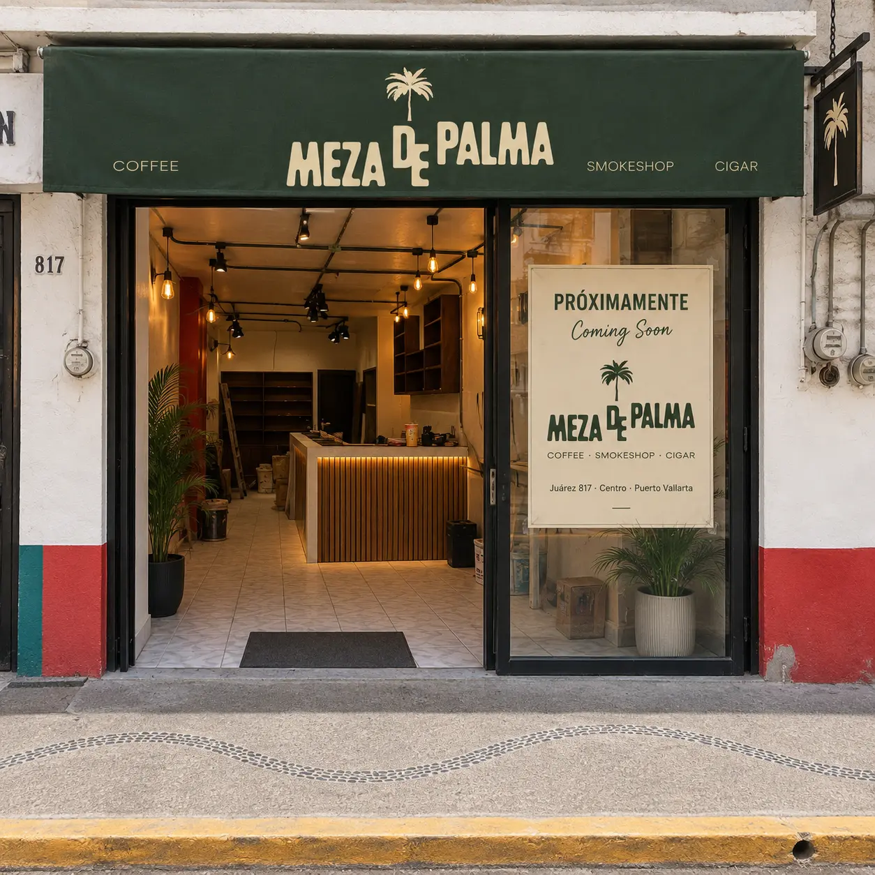 Fachada de Meza de Palma en Juárez 817 con anuncio de próxima apertura