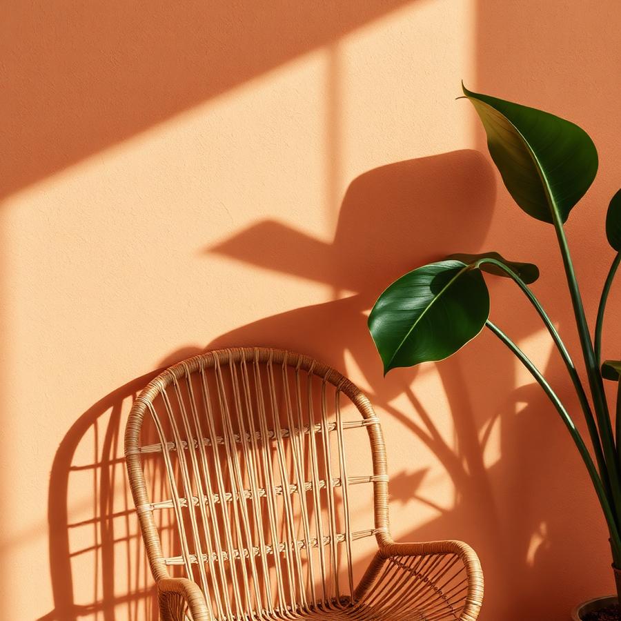 Detalle de muro cálido con silla de ratán