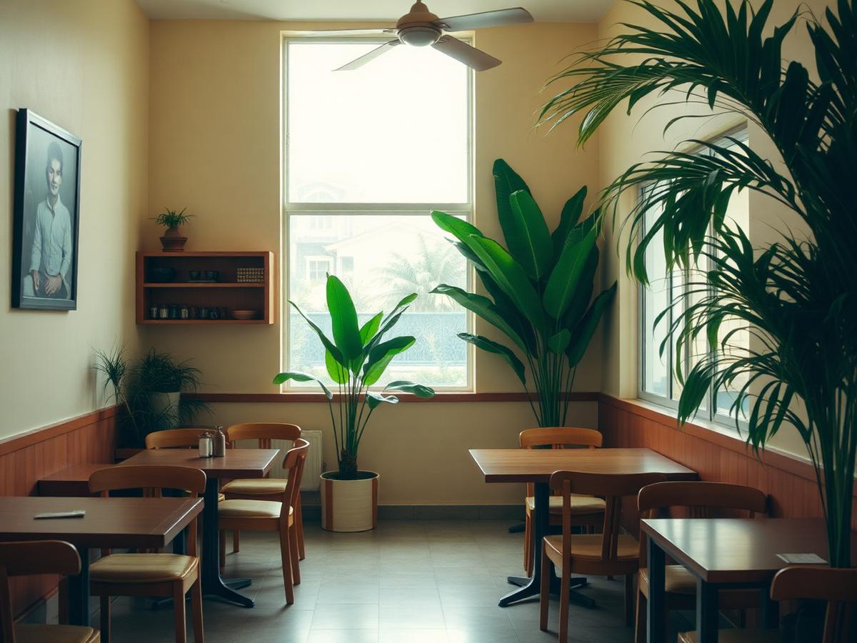 Interior del café con plantas y luz natural