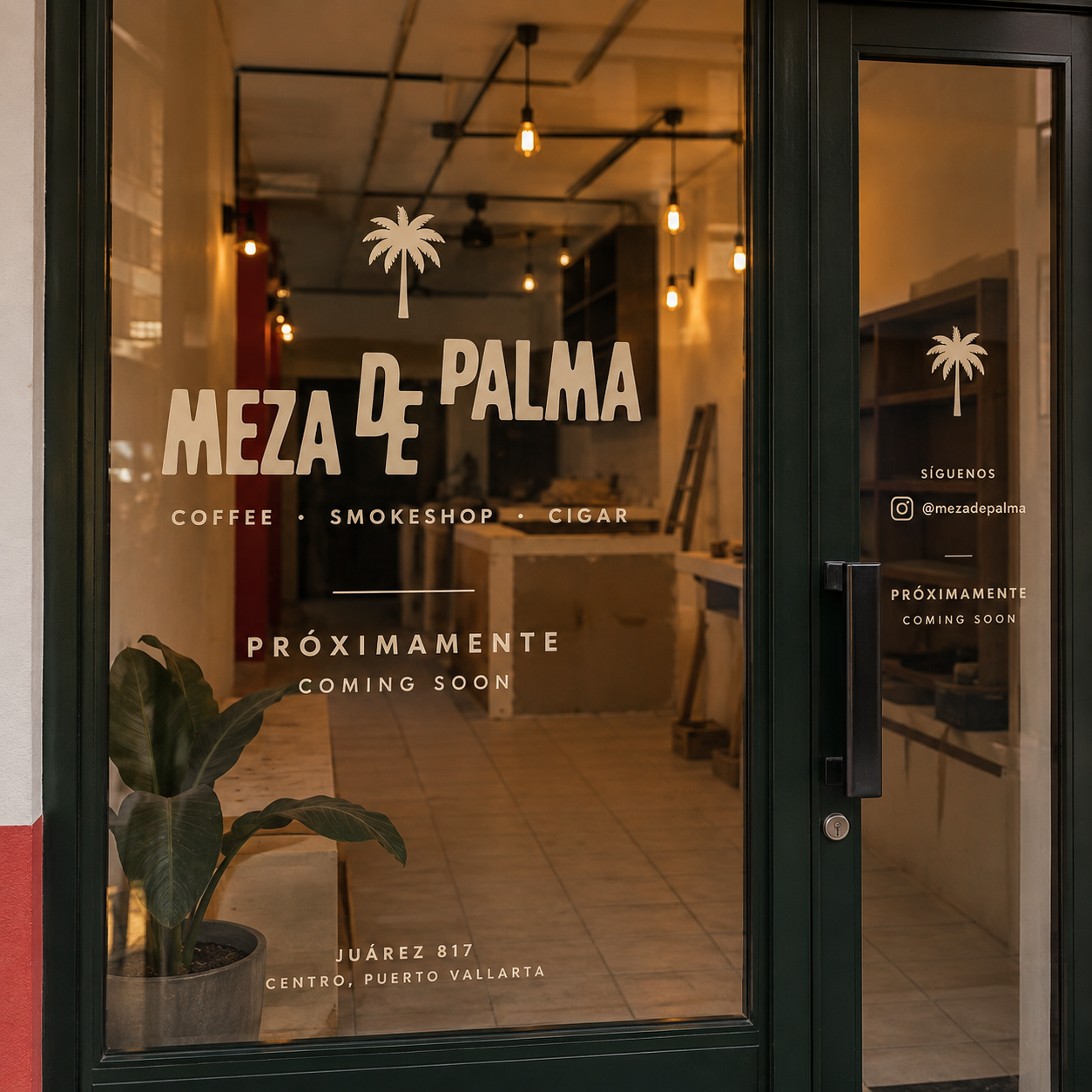 Entrada de Meza de Palma con identidad de marca y anuncio de próxima apertura