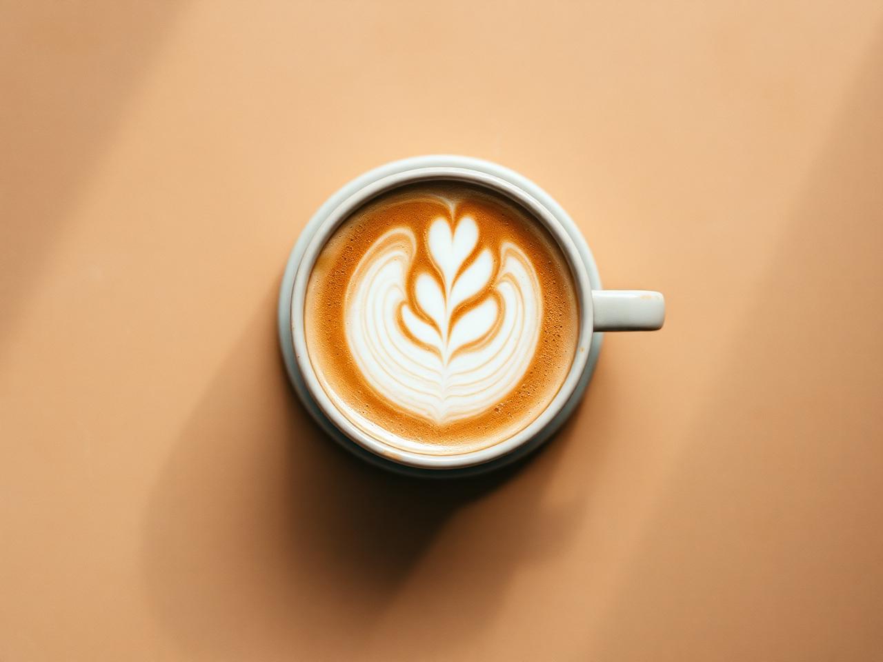 Taza de café con arte latte sobre superficie cálida